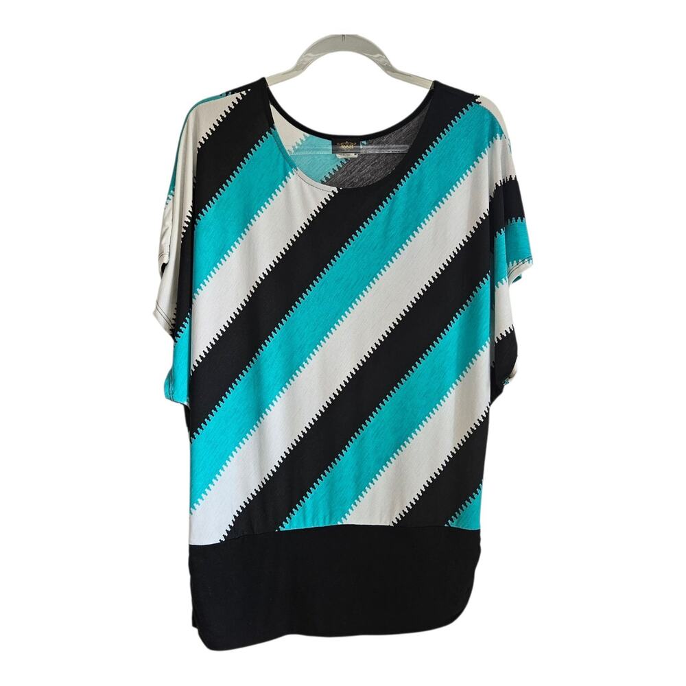 Yabes Womens 2X Blouse Top Black White Teal Dolman Short Sleeves Scoop Neck USA